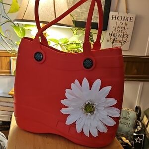 Red and White Daisy Tote Bag with Eyelet Details